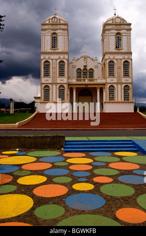 Beautiful old cathedral church and painted dots on pavement in Sarchi Norte in Costa Rica in Central America Stock Photo