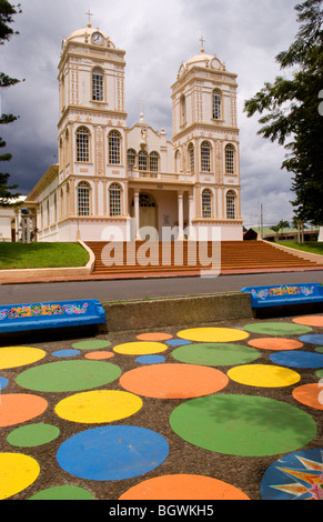 Beautiful old cathedral church and painted dots on pavement in Sarchi Norte in Costa Rica in Central America Stock Photo