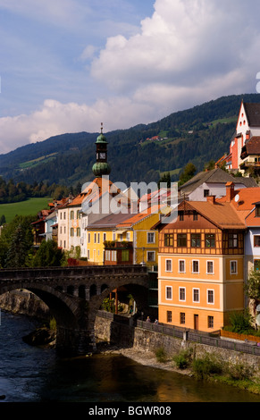 Old historical old town of Murau Austria downtown and churches and Mur River Stock Photo