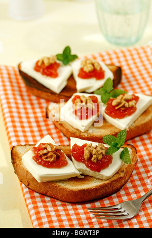 Toasted bread with tomato jam. Recipe available. Stock Photo