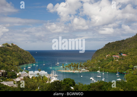 An aerial view of yachts in Marigot Bay, St Lucia, The Windward Islands, The Caribbean Stock Photo