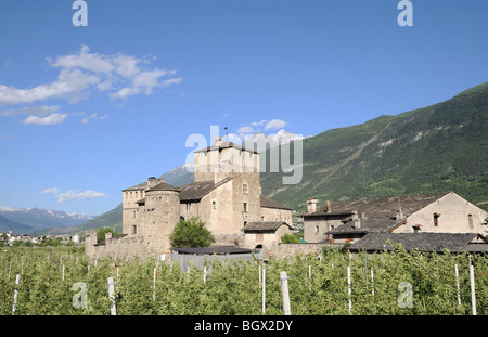 Sarriod de la Tour Castle Castello 6 km west of Aosta Italy with alpine mountains in background Stock Photo