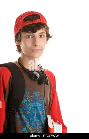 Casual teenage boy preparing to school standing isolated on white background Stock Photo