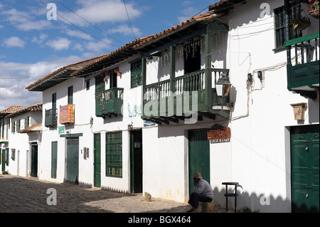 Whitewashed houses in beautifully preserved old colonial village of Villa De Leyva, Colombia, South America Stock Photo