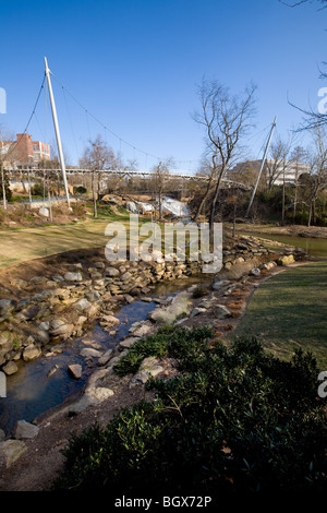 Liberty Bridge at Reedy Falls Park, downtown Greenville, South Carolina Stock Photo