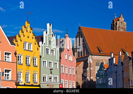 Colorful facades of buildings in the Old Town district in the City of Landshut, Bavaria, Germany, Europe. Stock Photo