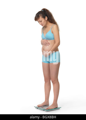 https://l450v.alamy.com/450v/bgx8bh/pregnant-woman-standing-on-a-weight-scale-isolated-on-white-background-bgx8bh.jpg