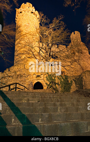 Illuminated tower of Schloss Auerbach (Auerbach Castle), Bensheim-Auerbach, Hessen, Germany, Europe. Stock Photo