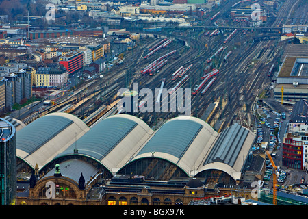 Frankfurt am Main Hauptbahnhof (central train station) as seen from the Main Tower, City of Frankfurt am Main, Hessen, Germany,  Stock Photo