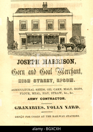 Woodcut advertisement for Joseph Harrison, Corn and Coal Merchant, Epsom Surrey Stock Photo
