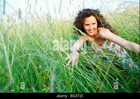 Woman in a wheat field Stock Photo