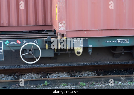 shipping container on rail carriage bogie at depot Stock Photo