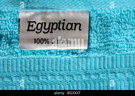 Egyptian 100% cotton label in turquoise blue flannel Stock Photo