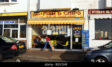Osca's Fish and Chip cafes alongside Littlehampton Harbour West Sussex UK Stock Photo