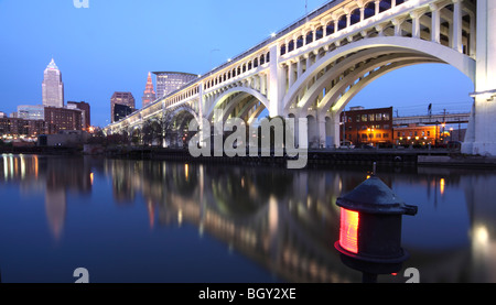 Cleveland, Oho skyline from the Flats with Cuyahoga River in foreground Stock Photo