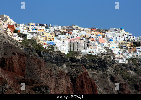 view of santorini ,Greece island from the sea boat the cliffs and the village of oia Stock Photo