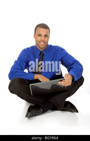 African American businessman sitting on white background Stock Photo