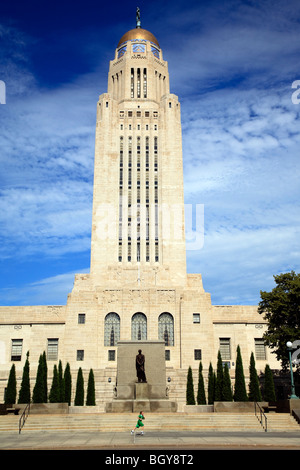 Female running in front of the State Capitol Building,  Lincoln, Nebraska, USA Stock Photo