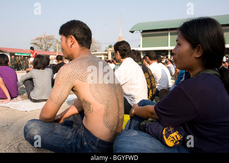 A tattooed devotee at one of Thailand’s strangest cults at Wat Bang Phra Temple Stock Photo