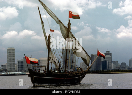 The dhow Sohar in Singapore 1981. Replica of 9th century Arab dhow. It was sailed from Oman to Singapore and back. Stock Photo