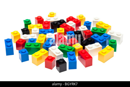 Lego pieces and building blocks on white Stock Photo