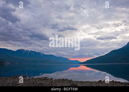 Slocan Lake at sunset from the town of New Denver, Slocan Valley, Central Kootenay, British Columbia, Canada. Stock Photo