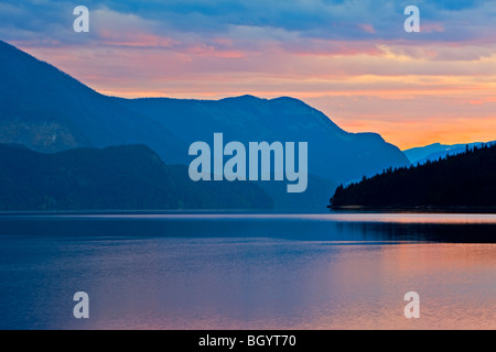 Slocan Lake at sunset from the town of New Denver, Slocan Valley, Central Kootenay, British Columbia, Canada. Stock Photo
