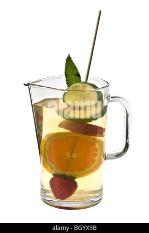 White wine sangria with fruit Sangria in a pitcher on a white background Stock Photo