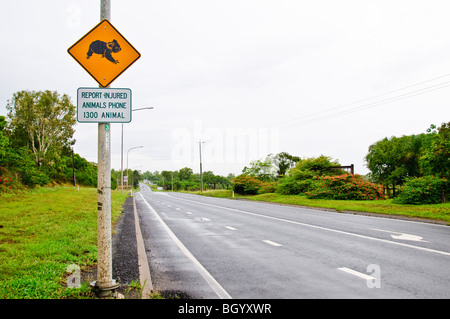 BRISBANE, Australia - Warning sign on the side of the road warning of Koala crossing Stock Photo