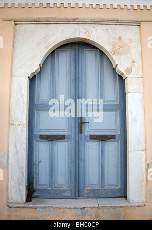 Traditional blue doors and architectural details in Oia, Santorini, Greece Stock Photo