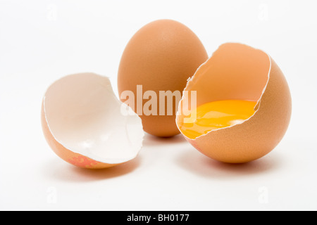 Single whole Hens Egg with cracked egg showing yolk isolated against white background Stock Photo