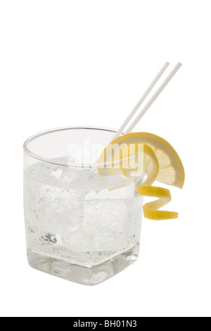 Club soda with lemon slice and peel garnish on white background Stock Photo