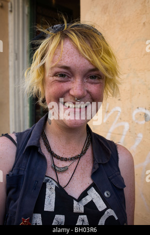 Freckle faced girl on Bourbon Street, French Quarter, New Orleans, Louisiana Stock Photo