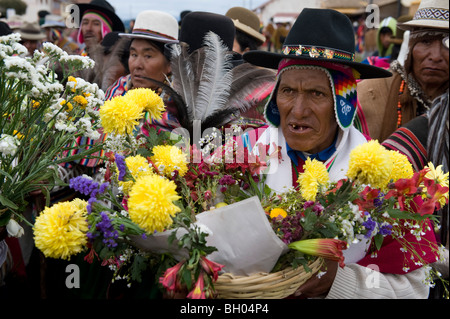 A man with traditional aymara costumes, ceremony of president Evo Morales assumption in Tiwanaku, Bolivia. Stock Photo