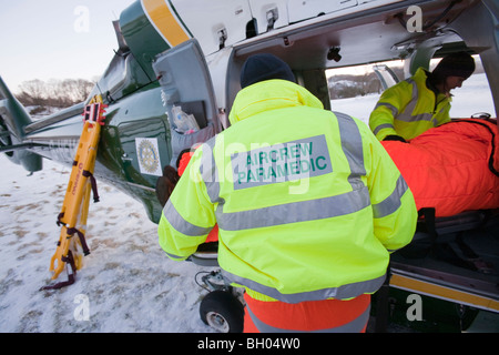 The North West Air Ambulance scrambled to evacuate an injured walker in Langdale, Lake District, UK. Stock Photo