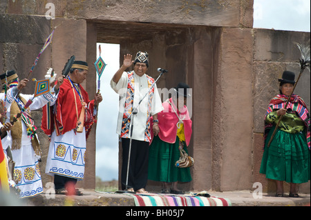 President of Bolivia, Evo Morales Ayma, on the day of the second assumption, indigenous ceremony in tiwanacu temple. Stock Photo