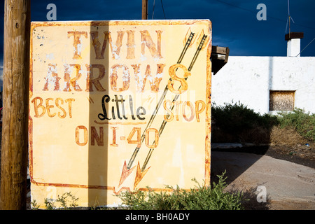 Sign at the abandoned trading post at Twin Arrows, Arizona, on historic Route 66 (and Interstate 40). The sign reads 'Best little stop on I-40'. Stock Photo