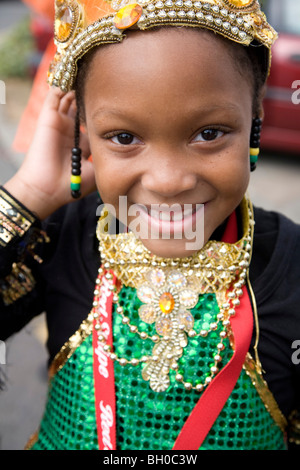 Child in carnival costume. Portrait of little girl. Notting Hill Carnival, Notting Hill. London. England. UK. Stock Photo