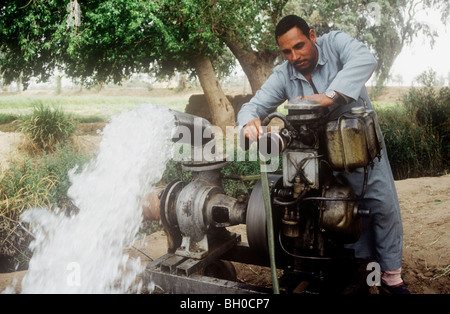An Egyptian farmer using a generator to pump water from the Nile river Stock Photo