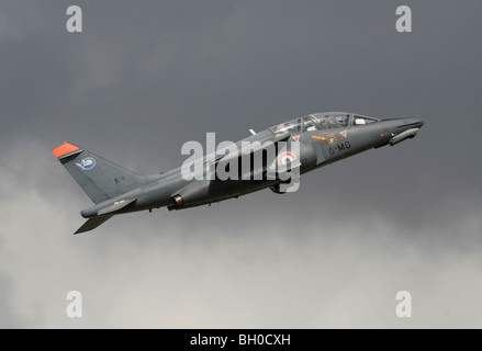 Military pilot training. French Air Force Alpha Jet two-seat trainer plane flying on takeoff. Side view. Stock Photo