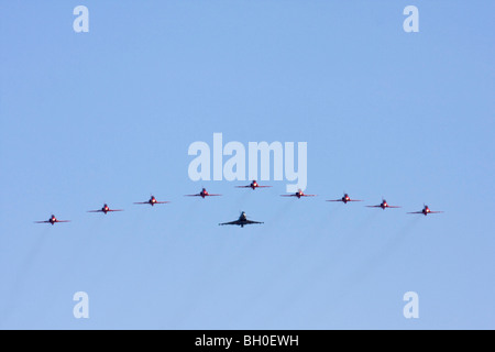 The Red Arrows and Eurofighter Typhoon in formation approach at RAF Leuchars Airshow 2009, Fife, Scotland Stock Photo