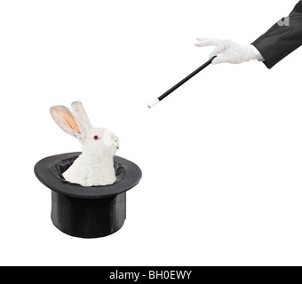 Rabbit in a hat with and a hand with a magic wand isolated on white background Stock Photo