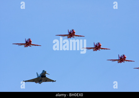 The Red Arrows and Eurofighter Typhoon in formation approach at RAF Leuchars Airshow 2009, Fife, Scotland Stock Photo