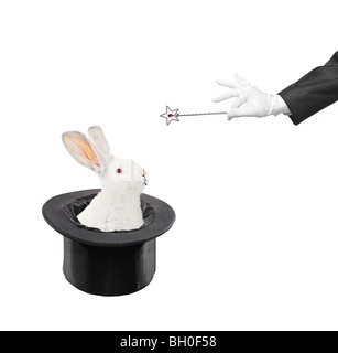 Rabbit in a hat and a hand with a magic wand isolated on white background Stock Photo