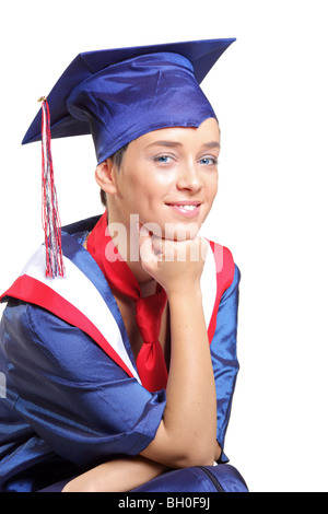 Happy graduate student posing, isolated on white background Stock Photo