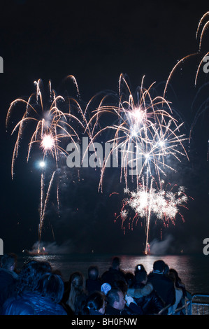 Nice, France, Public Events, Carnival Fireworks, Lighting up Sky at Night on Mediterranean Sea Stock Photo