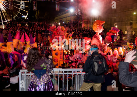 Nice, France, Public Events, Carnival Parade, Crowd Celebrating at Night Stock Photo