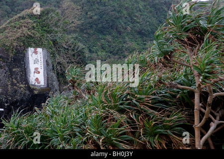 Inscription on a rock amidst green vegetation, Green Island, Taitung County, Taiwan, Asia Stock Photo