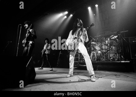 Irish Hard Rock Band Thin Lizzy with front man Phil Lynott, Scott Gorham and Gary Moore on The Black Rose Tour in 1979 Stock Photo