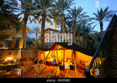 Illuminated tent at Hotel Asmaa, Zagora, Draa valley, South Morocco, Morocco, Africa Stock Photo